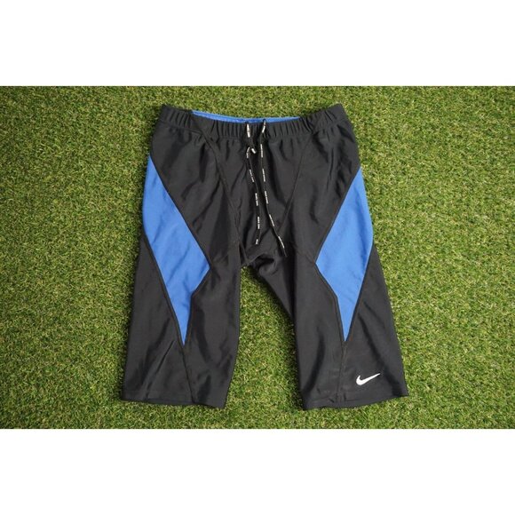 NIKE Swim Shorts Jammers Mens Swimsuit Black w/ Royal Blue Stripes - Picture 1 of 8
